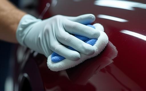 A detailer's gloved hand applying ceramic coating with a microfiber applicator
