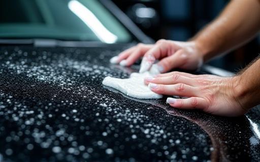 A detailer carefully clay-barring the hood of a luxury sedan