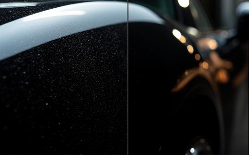 A 50/50 shot showing the difference after paint correction on a black car